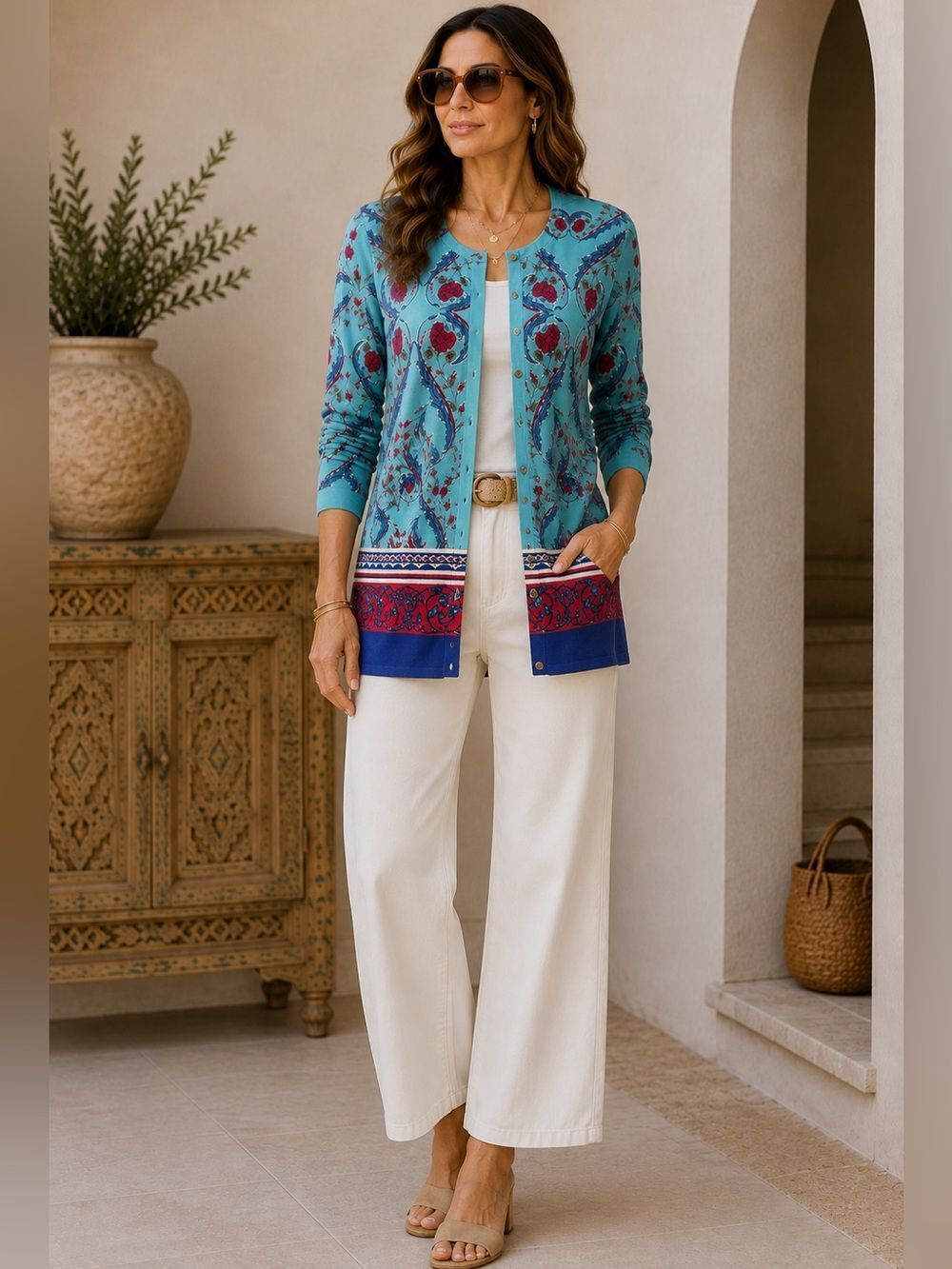 ESCADA Simena Fantasy Blue Floral Paisley Cardigan Sweater XL Resort Luxury